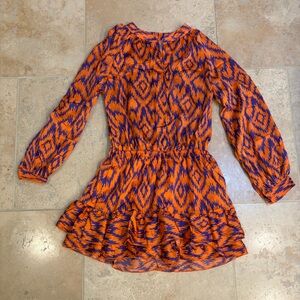 Vibrant Orange & Blue Ikat Long-Sleeve Ruffle Romper Dress